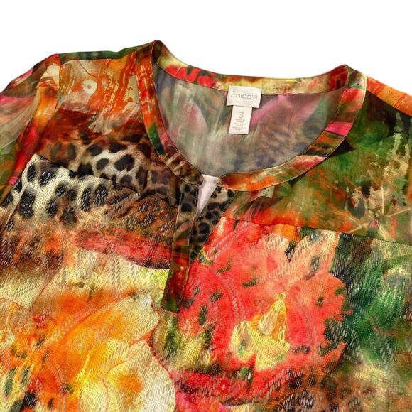 Chico's Top Womens 3 Multicolor Cheetah Floral Summer Surprise Mesh Overlay - Picture 2 of 16